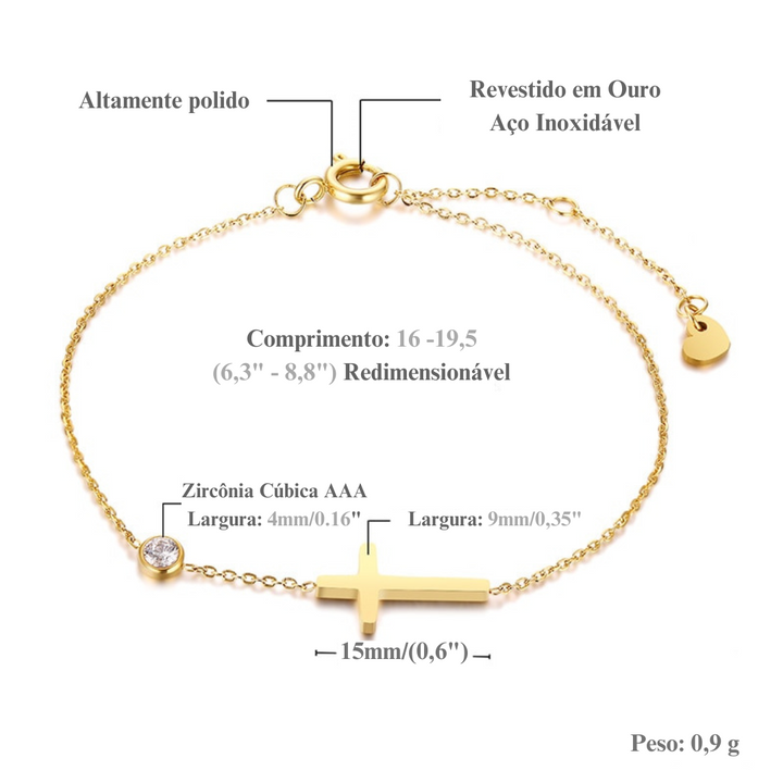 Pulseira Minimalista com Gota de Zircônia - Cruz Sagrada - TiPaparico