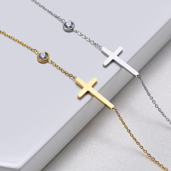 Pulseira Minimalista com Gota de Zircônia - Cruz Sagrada - TiPaparico